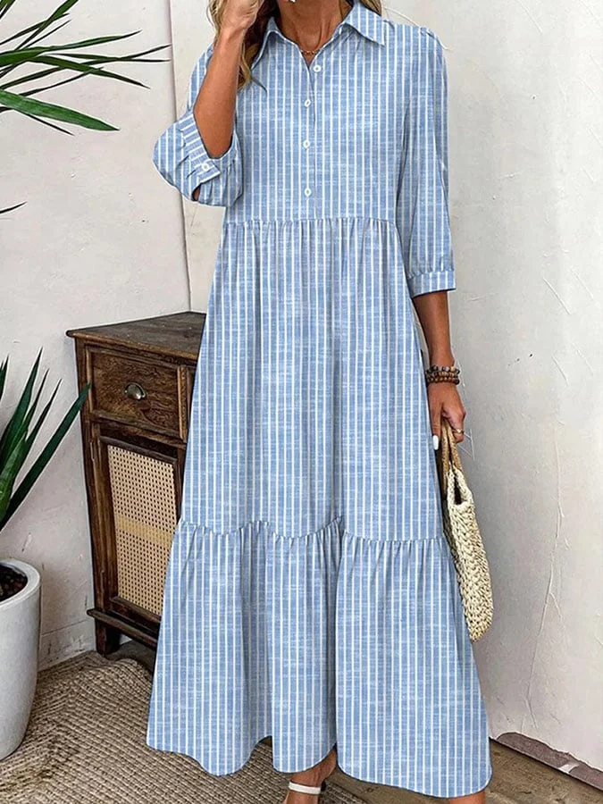 Women'S Casual Striped Print V-Neck Three-Quarter Sleeve Shirt Dress