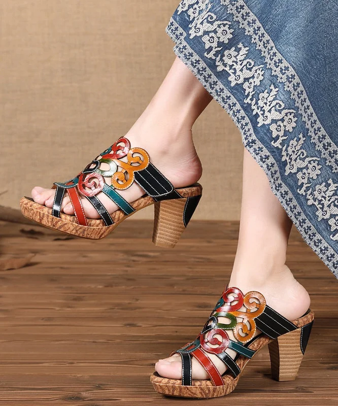Fashion ColorblockC High Heel Cowhide Leather Cross Strap Slide Sandals