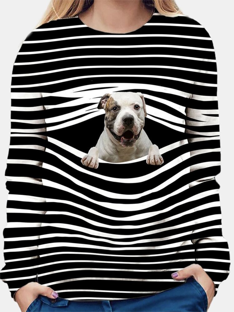 Dog Stripe Print Long Sleeve O neck Casual T shirt For Women P1772849