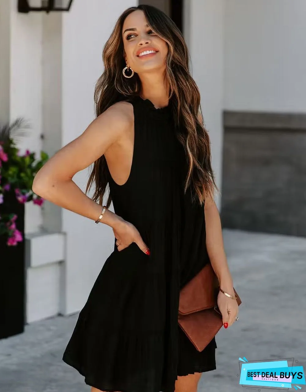 Fungus Collar Loose Big Swing Solid Color Dress White Dresses