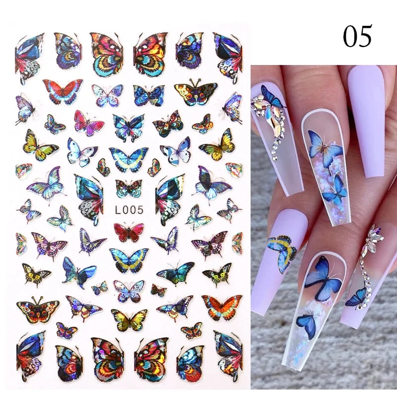 1 Sheet Laser Butterfly Gold Silver Black White 3D Nail Stickers Butterflies Heart Nail Decals Slider DIY Nail Art Decotaion-Nail Inspo