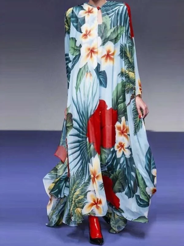 Fashion printed long-sleeved hollow flower long dress