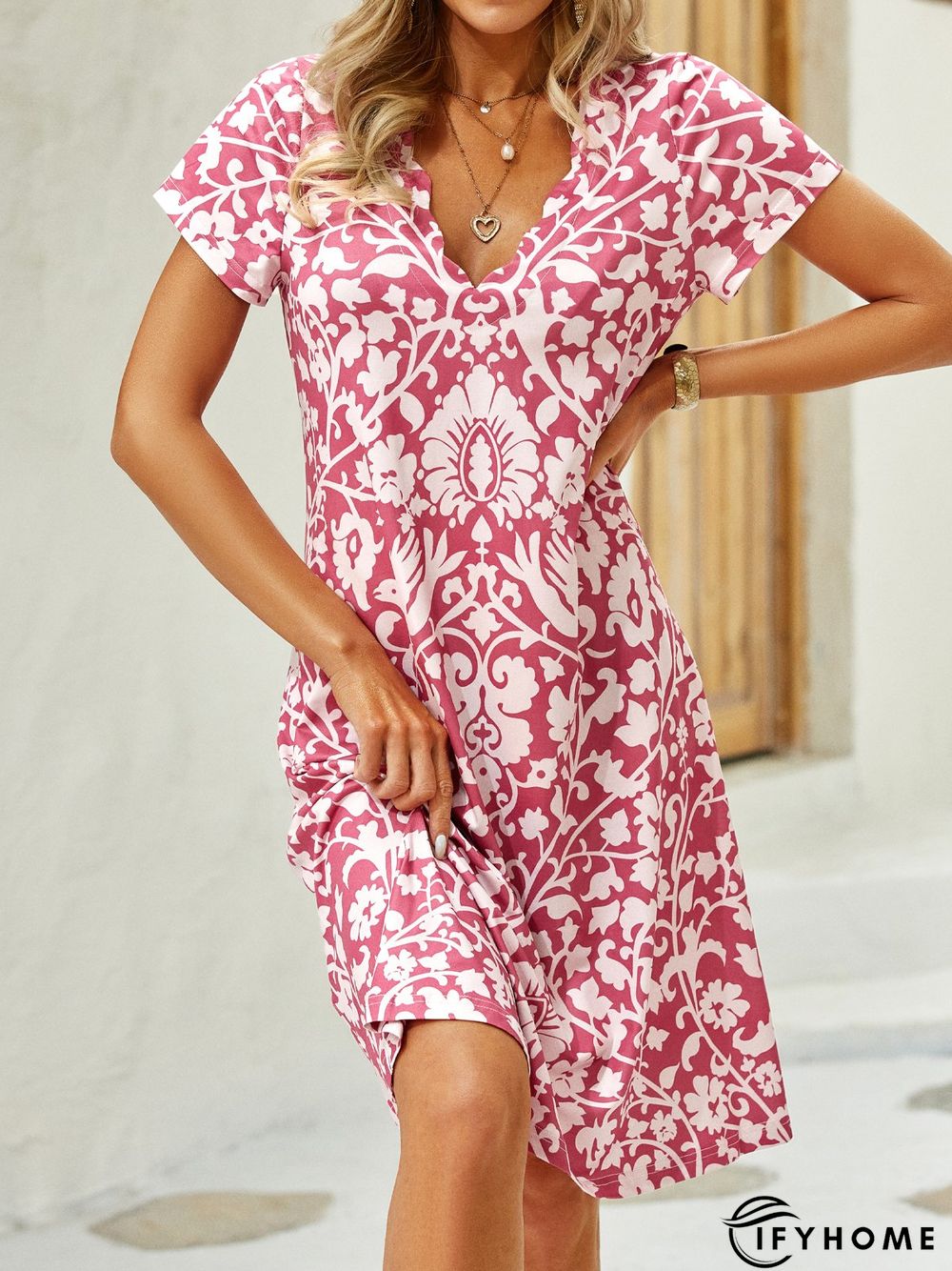 Paisley Pattern V Neck Short Sleeve Casual Dress | IFYHOME
