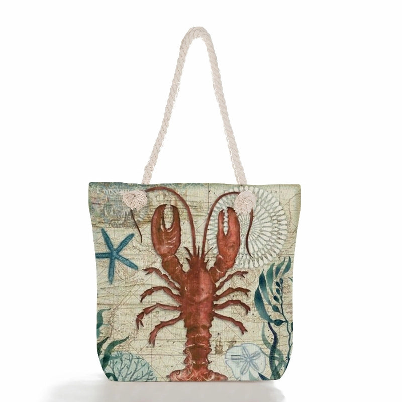 Women's Cotton And Linen Starfish Hippocampus Vacation Beach Square Zipper Tote Bag