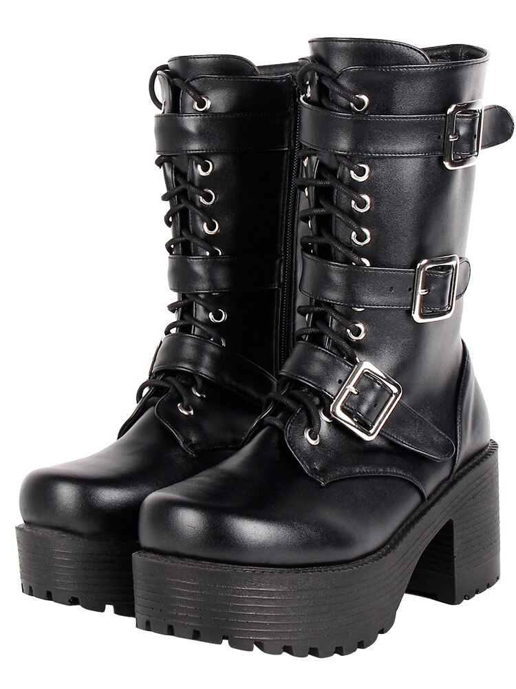 TAAFO Thigh Girl Women Motorcycle Shoes Lady High Heels Punk Boots Woman Princess Dress Pumps Buckles 35-40 8cm