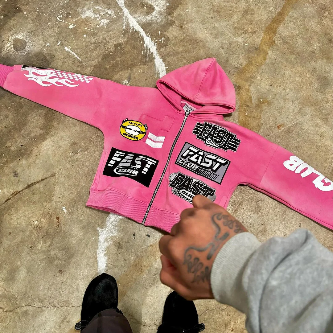 Aonga American pink sweatshirt zip up hoodie streetwear oversized 2000s harajuku new y2k tops casual hoodies tracksuit men clothing aonga