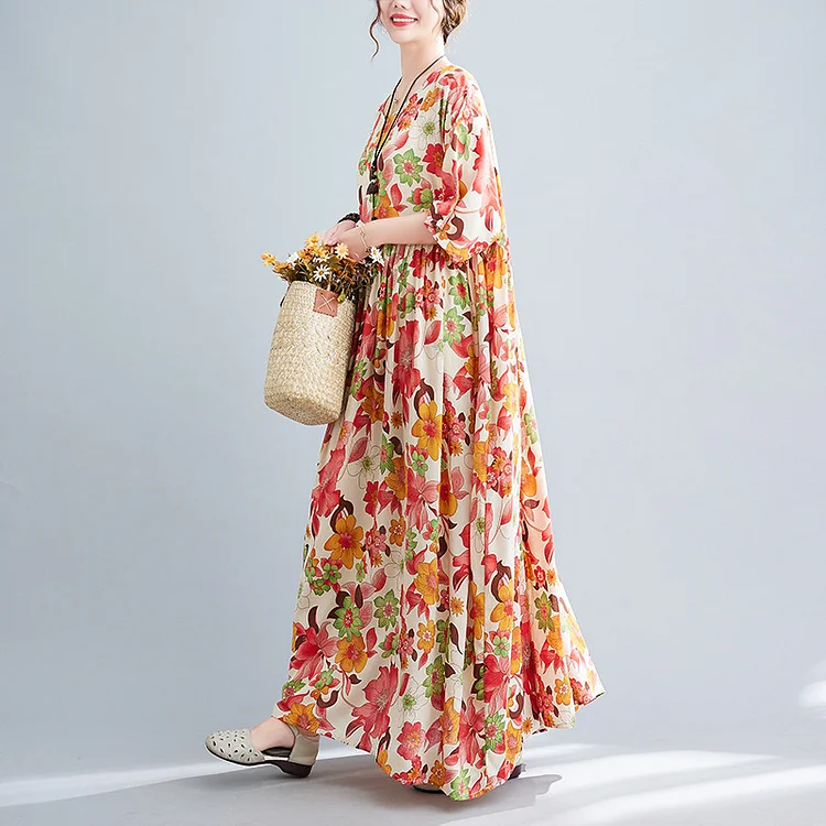 Literary Flower Print Short Sleeve Maxi Dress