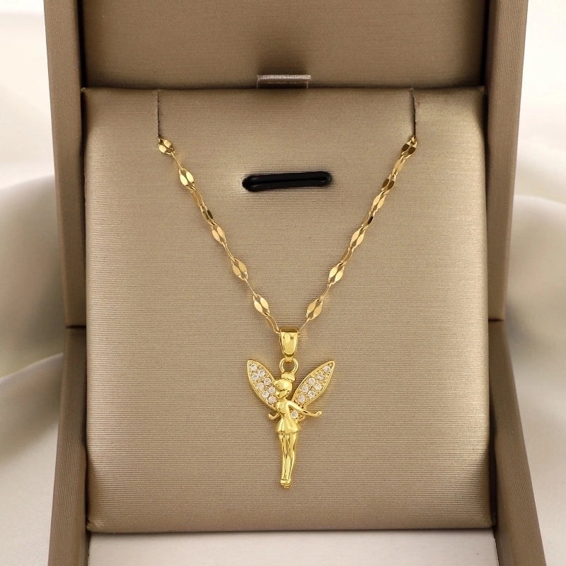 Titanium Steel Copper IG Style Minimalist Plating Inlay Angel Zircon Pendant Necklace