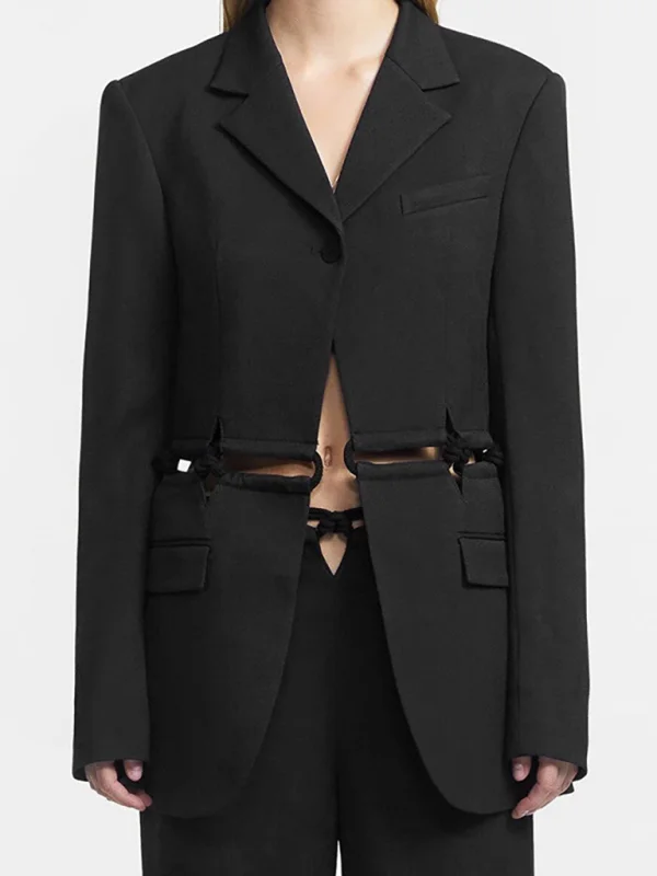 Women's twine knitting patchwork one button simple short blazer Flusfy