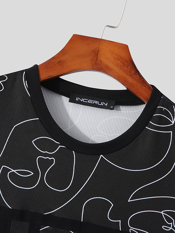 Aonga - Mens Abstract Print Patchwork Curved Hem VestI aonga