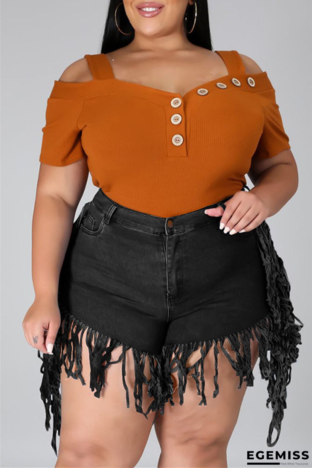Black Fashion Casual Solid Tassel Plus Size Jeans | EGEMISS