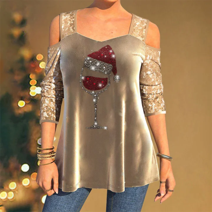 Womens Fashion Christmas Wind Glass Design Shiny Tunic Tops