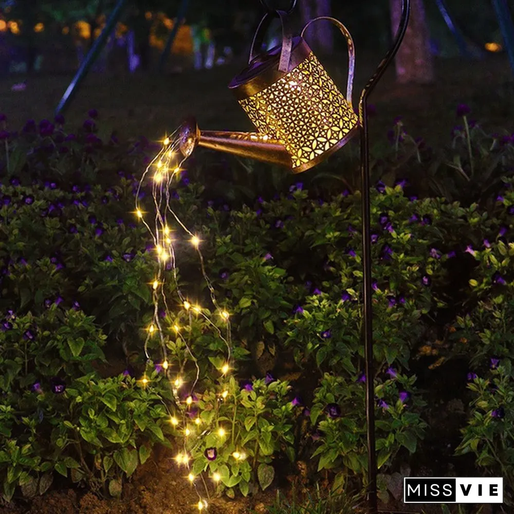Retro Solar Watering Can Sprinkles LED Light Fairy Metal Wrought Iron Hollow Out Lamp