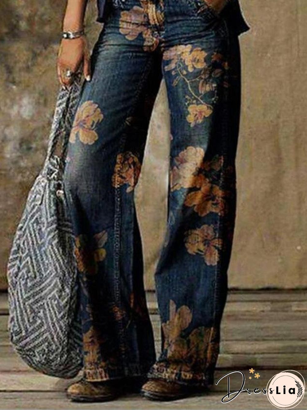 Casual Plus Size Printed Wide-leg Jeans