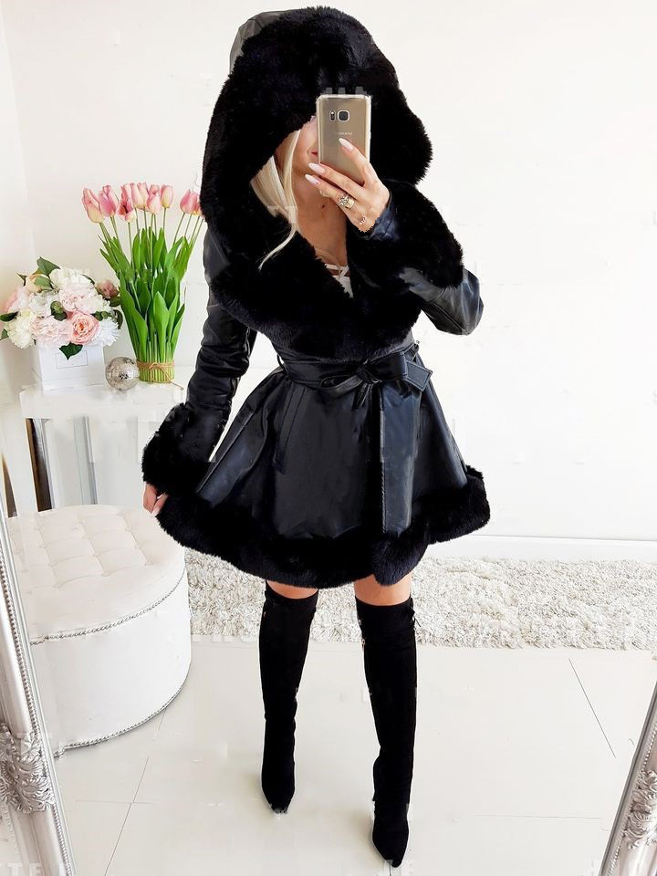 Solid Color Lapel Fur Splicing Jacket Women's Winter Warm Ruffled Lace-up Hooded Jacket Waisted Leather Coat Coat