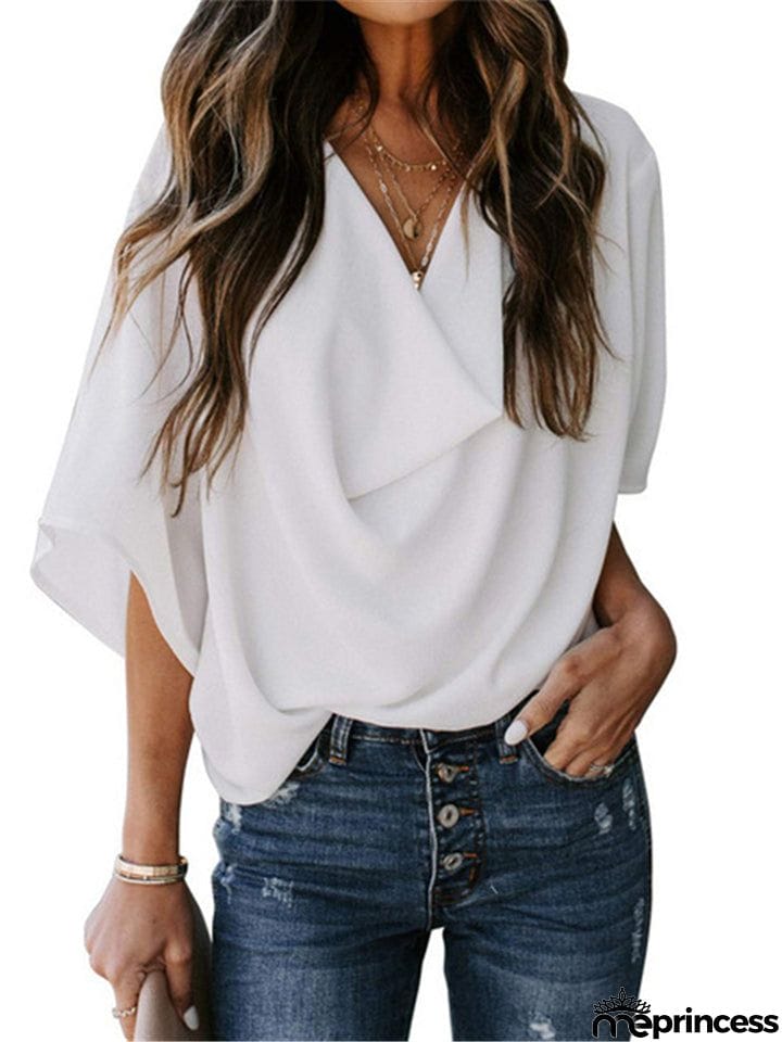 Feminine Flowy Style Cowl Neck Half Sleeve Lightweight Chiffon Pullover Tops