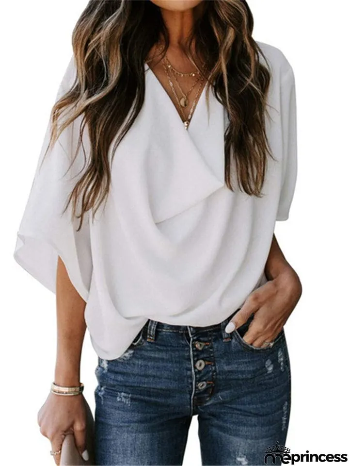 Feminine Flowy Style Cowl Neck Half Sleeve Lightweight Chiffon Pullover Tops
