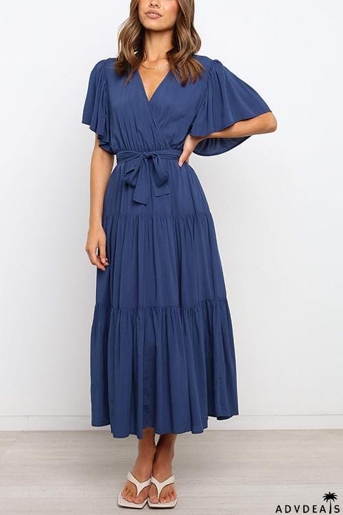 Solid Ruffles Belted Maxi Dress
