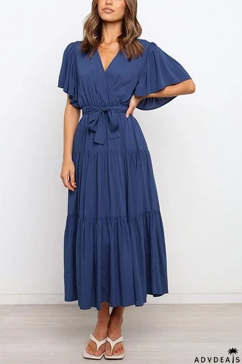 Solid Ruffles Belted Maxi Dress