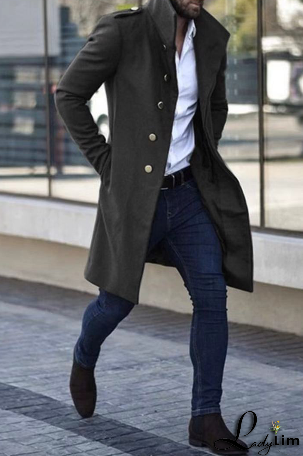 Light Gray Casual Solid Pocket Buckle Mandarin Collar Outerwear