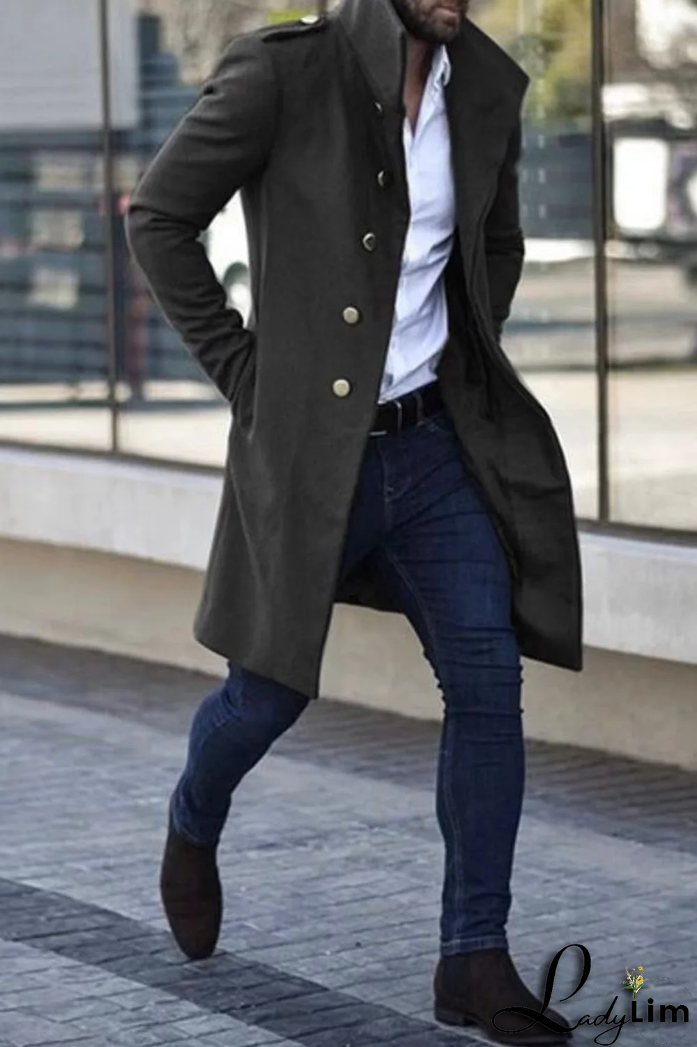 Light Gray Casual Solid Pocket Buckle Mandarin Collar Outerwear