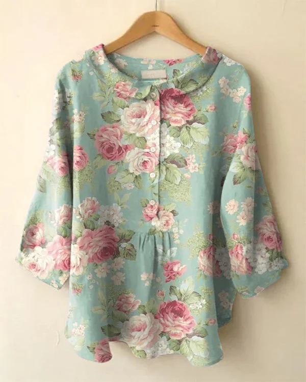 Vintage Long Sleeve Peter Pan Collar Floral Print Shirt