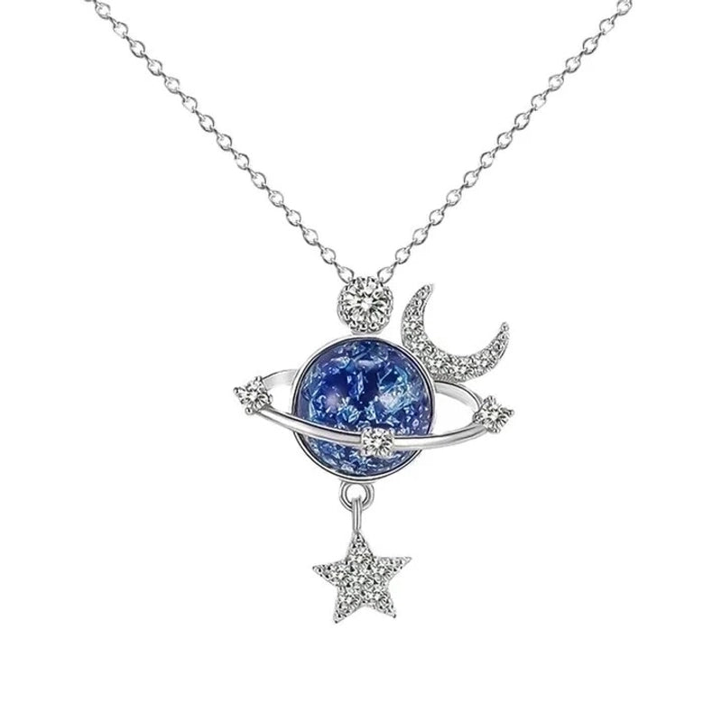 925 Sterling Silver Plating Star Moon Pendant Necklace