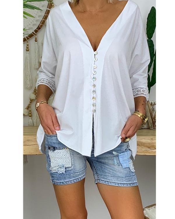 Fashion Button Lace 3/4 Sleeved V Neck Shirts Tops - Chicaggo