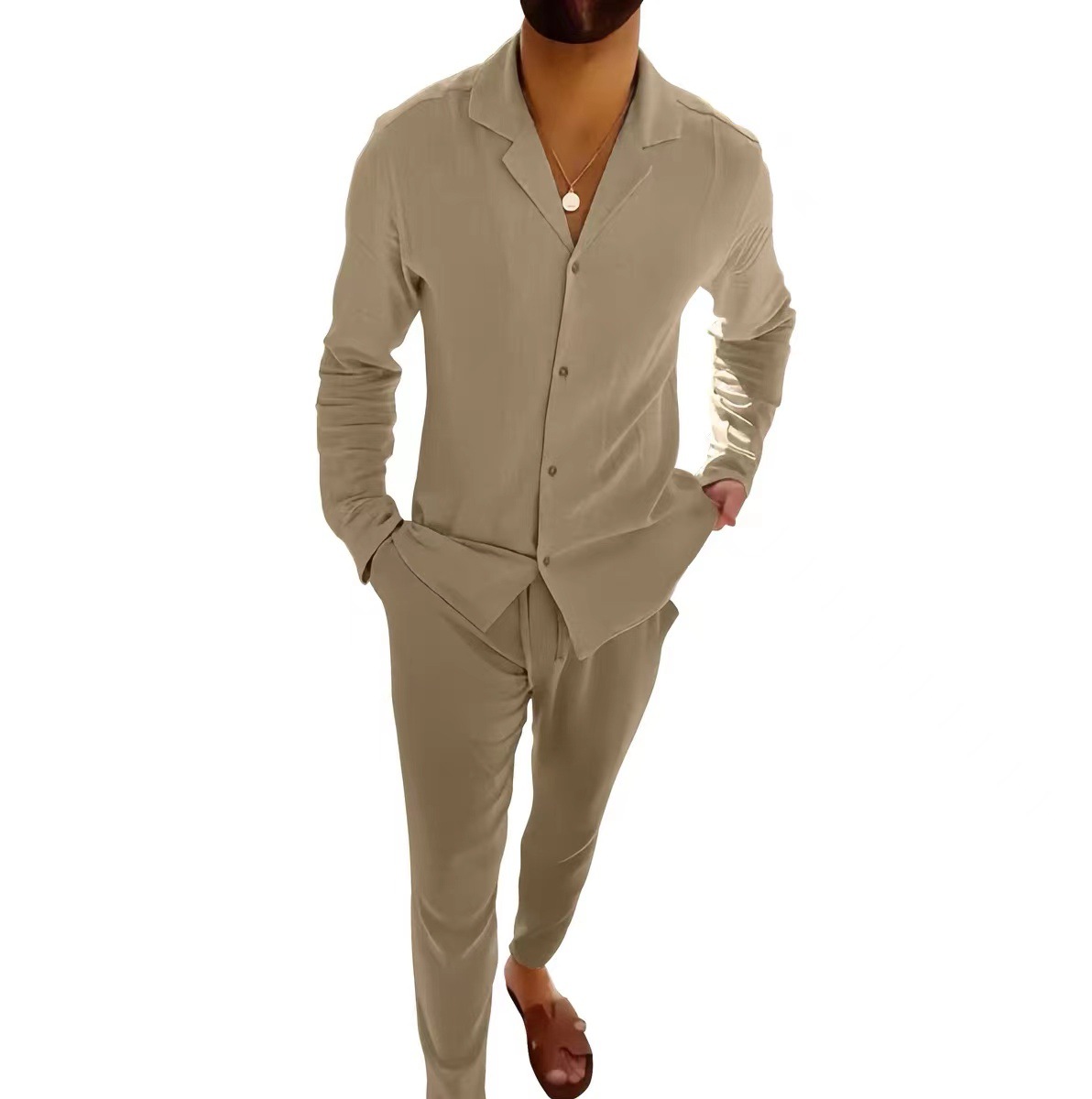 Mature Men Casual Long-sleeved Suits Fashion Lapel Single-breasted Shirt Top And Slim-fit Trousers