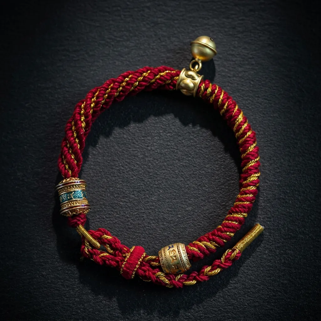 JiStones Sacred Serenity: Hand-Woven Mantra Amulet Bracelet Crimson Heritage