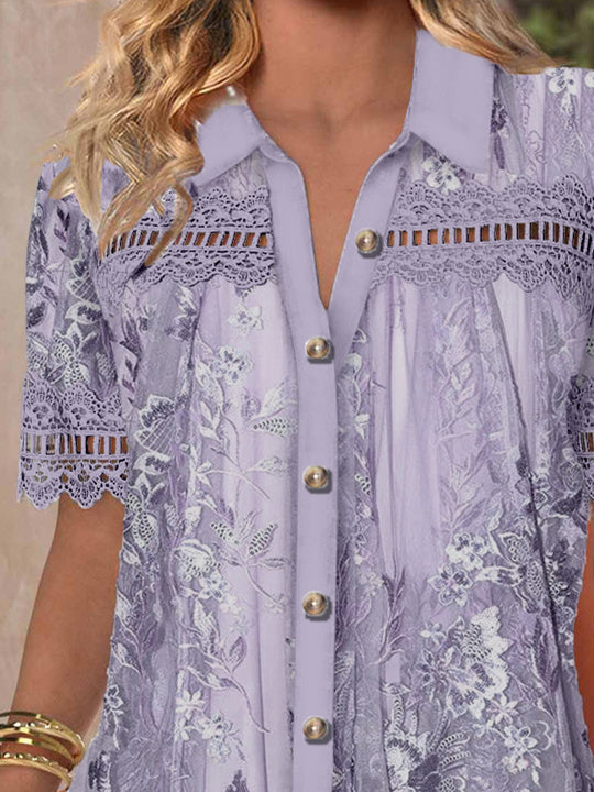 Women Short Sleeve V-neck Floral Printed Graphic Lace Hollow Stitching Button Tops