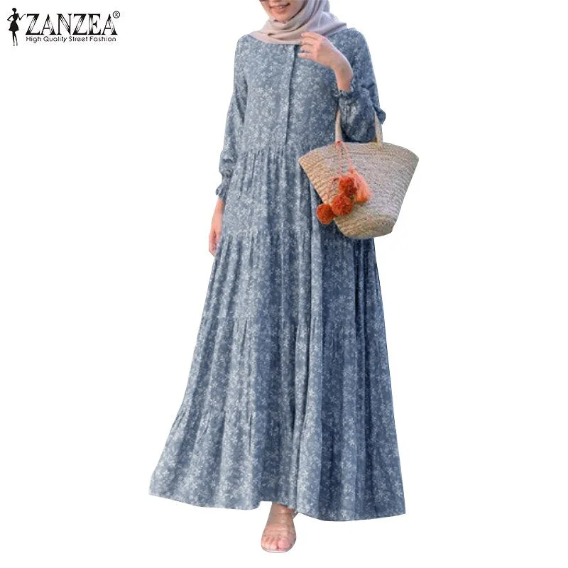 Women's Muslim Dress ZANZEA Retro Floral Print Abaya Fashion Rayon Long Vestidos Casual Loose Ruffle Dresses Sarafans