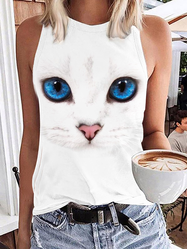 wearshes Cute Cat Face Print Tank Top