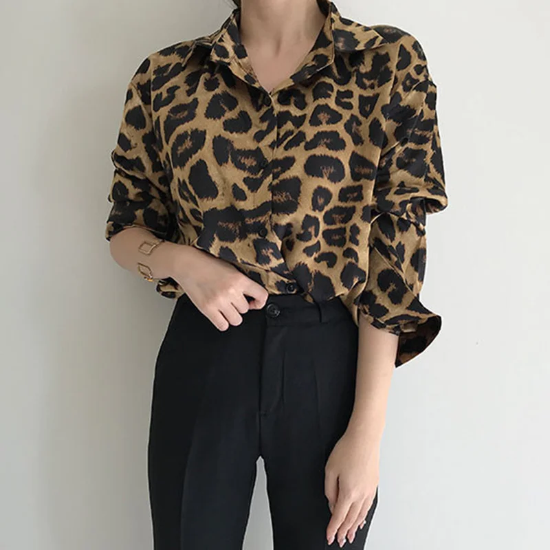 Athvotar Athvotar Chic Autumn Vintage Leopard Print Collar Single Buckle Loose Leisure Long-Sleeved Shirt Topess