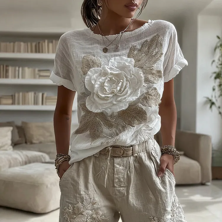 Women's Vintage Floral Art Linen Blend Comfy T-shirt
