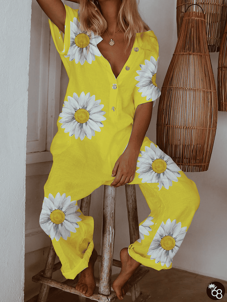 White Casual Floral-Print Cotton Jumpsuit & Romper | 168DEAL