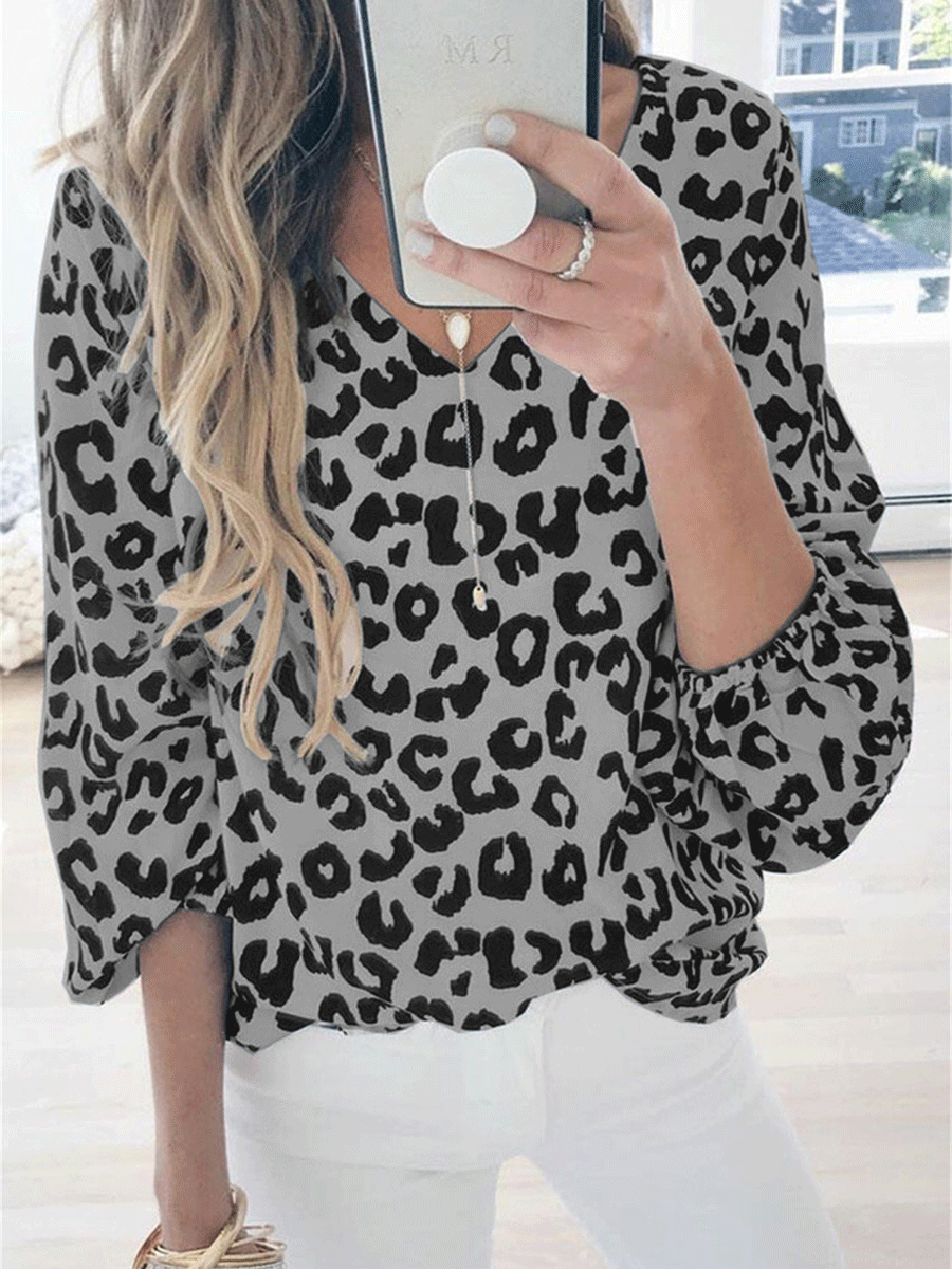 Leopard V-neck Lantern Sleeve Casual T-shirt