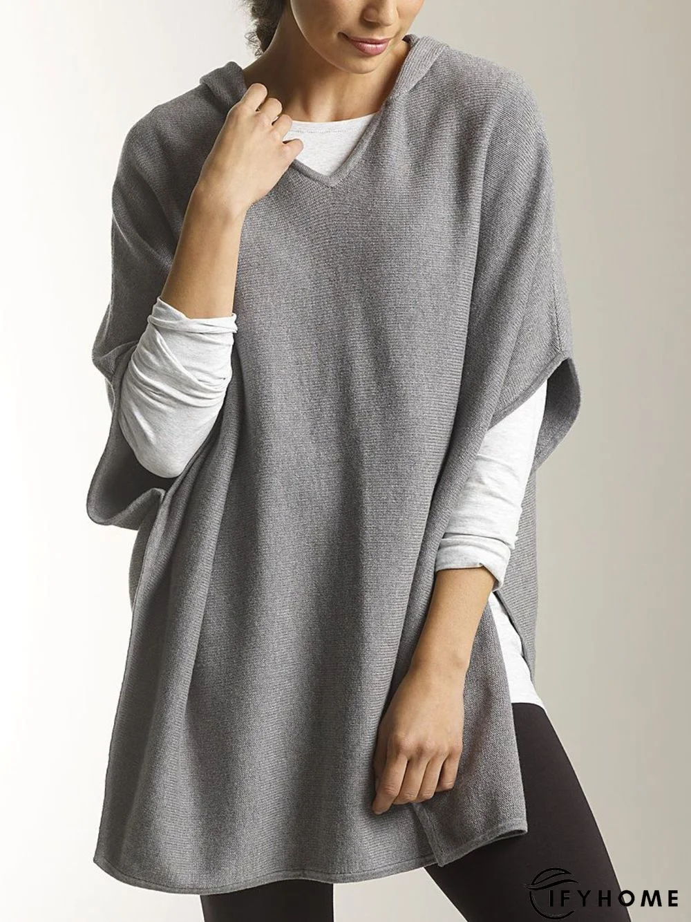 Gray Half Sleeve Hoodie Casual Wool Blend Plain Tunic T-Shirt | IFYHOME