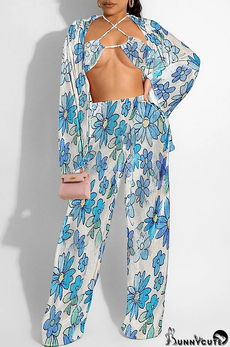 Blue Sexy Print Patchwork Turndown Collar Long Sleeve Three Pieces