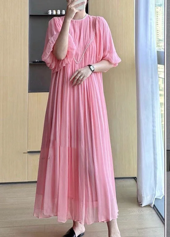 Chic Pink O-Neck Wrinkled Nail Bead Long Traveling Dresses Spring
