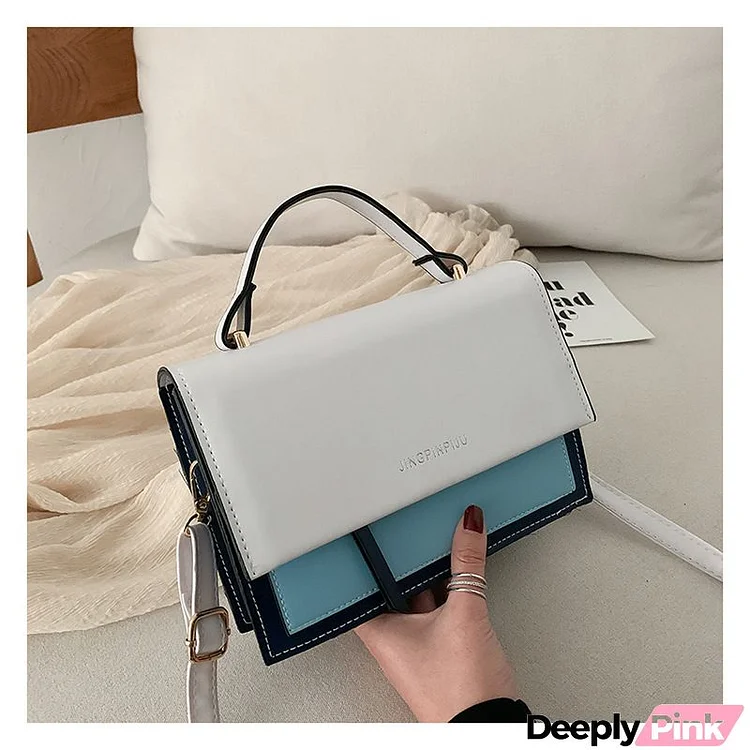 Women Casual Flap Buckle Design Contrast Color PU Crossbody Bag