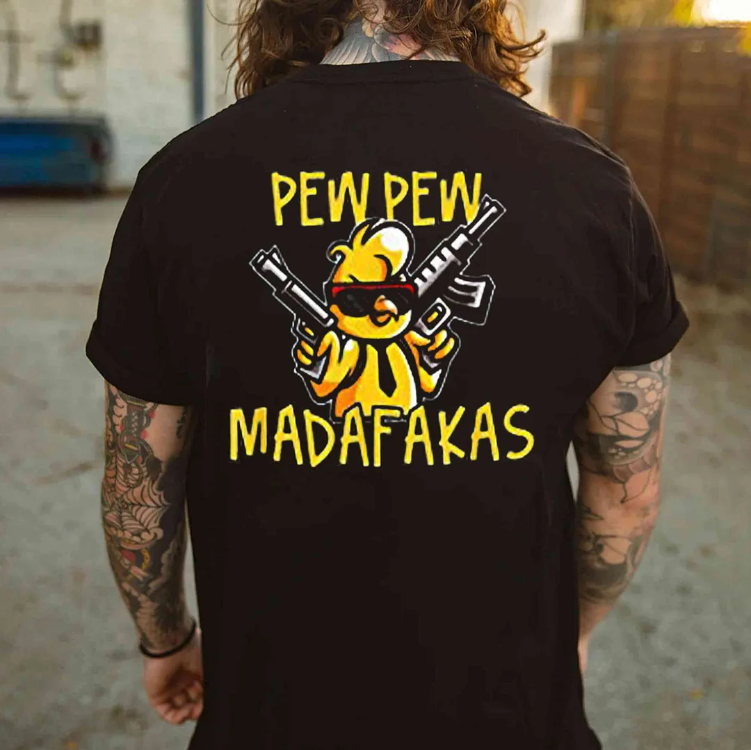 PEW PEW MADAFAKAS Double Gun Yellow Duck Print Men's T-shirt