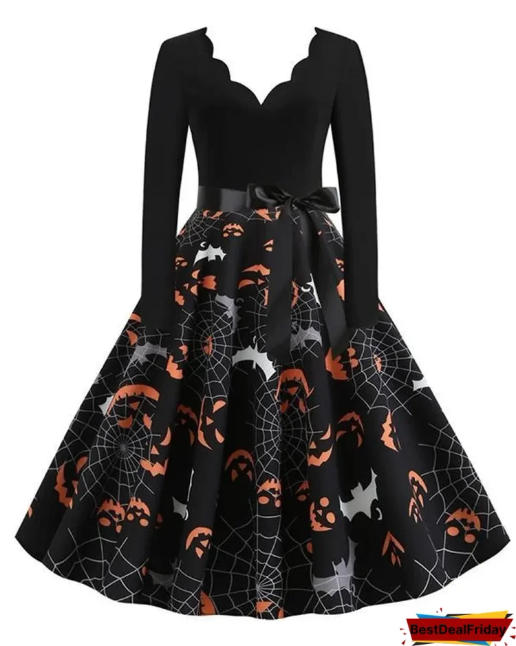 Halloween Pumpkin V Neck Print Dress With Waistband P433111
