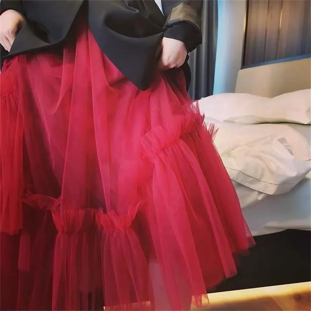 Hipposy Women's Three-layers Mesh With Lining Midi Skirts Ruffles Female Princess A-line High Waist Long Skirt Fashion All-match Lovely