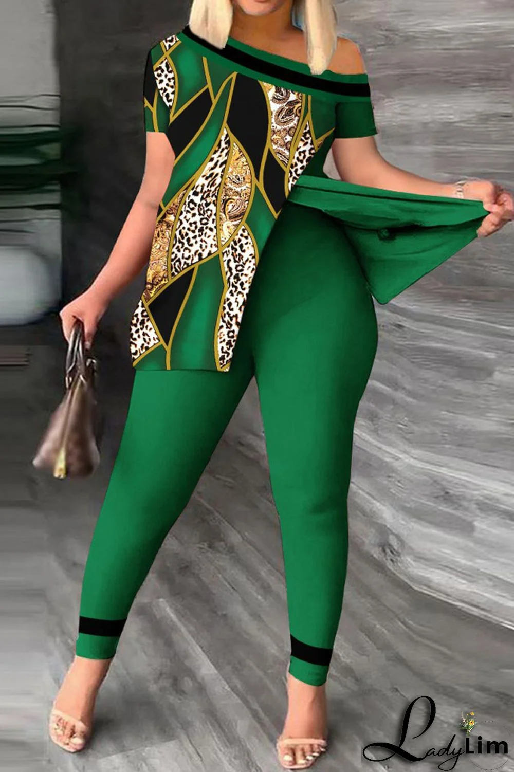 Red Casual Print Patchwork Slit Asymmetrical Oblique Collar Short Sleeve Two Pieces