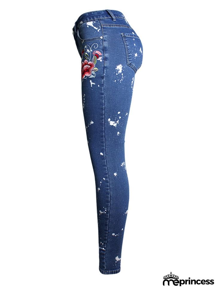 Women's Floral Embroidery Skinny White Spray Print Denim Jeans