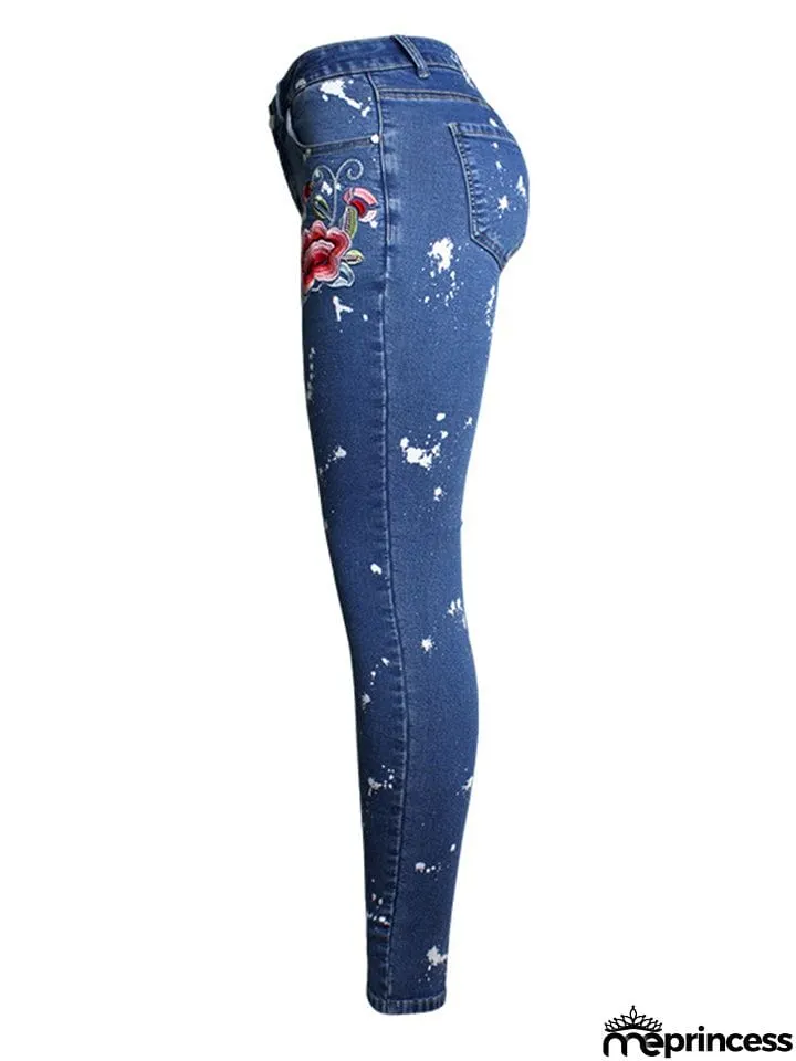 Women's Floral Embroidery Skinny White Spray Print Denim Jeans