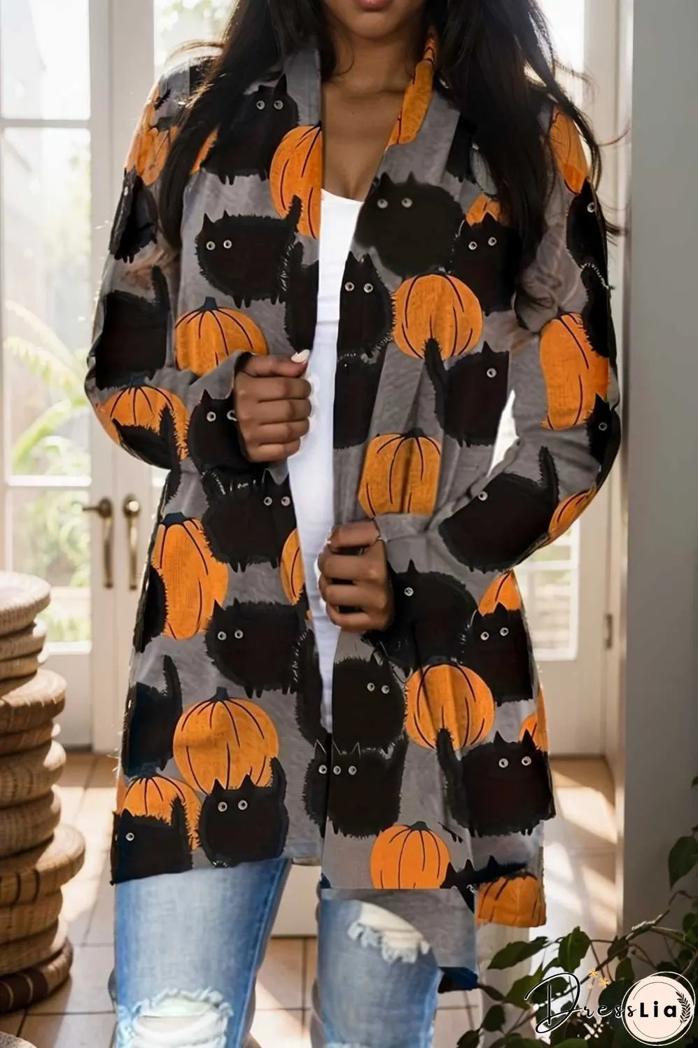 plus size halloween coat women s pus allover cat pumpkin print long sleeve open front medium stretch cardigan overcoat