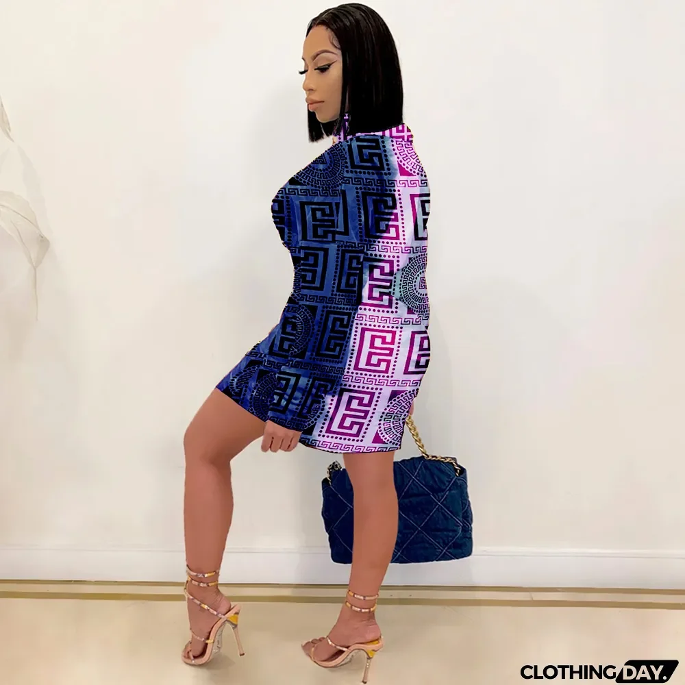 Spring Print Colorful Turtleneck Party Bodycon Dress