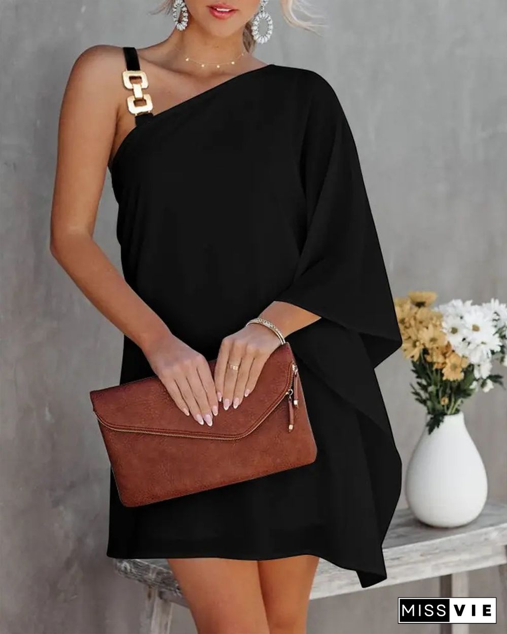 Bat Sleeve Off Shoulder Metal Suspender Dress for Women